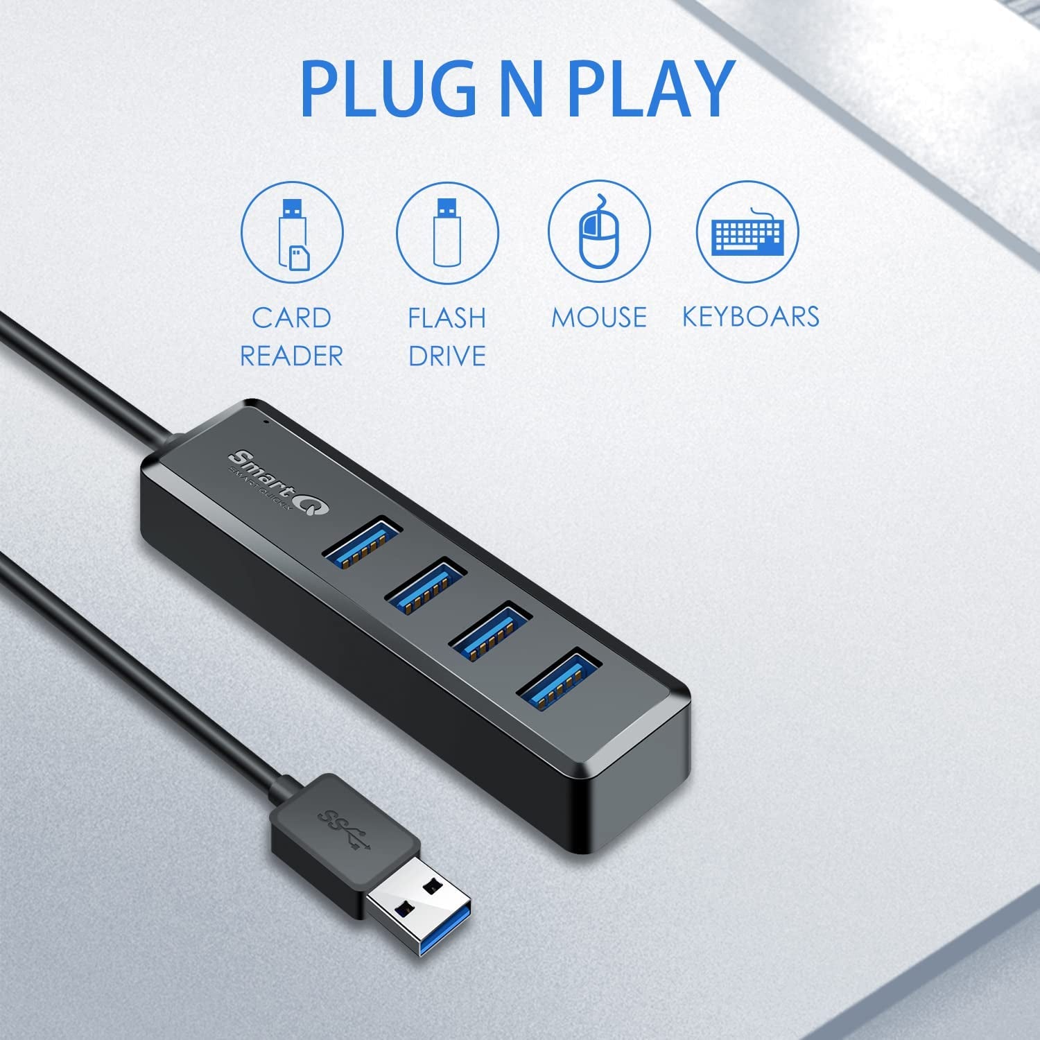 H302S USB 3.0 Hub for Laptop with 2Ft Long Cable, Multi Port Expander, Fast Data Transfer USB Splitter Compatible with Windows PC, Mac, Printer, Mobile HDD