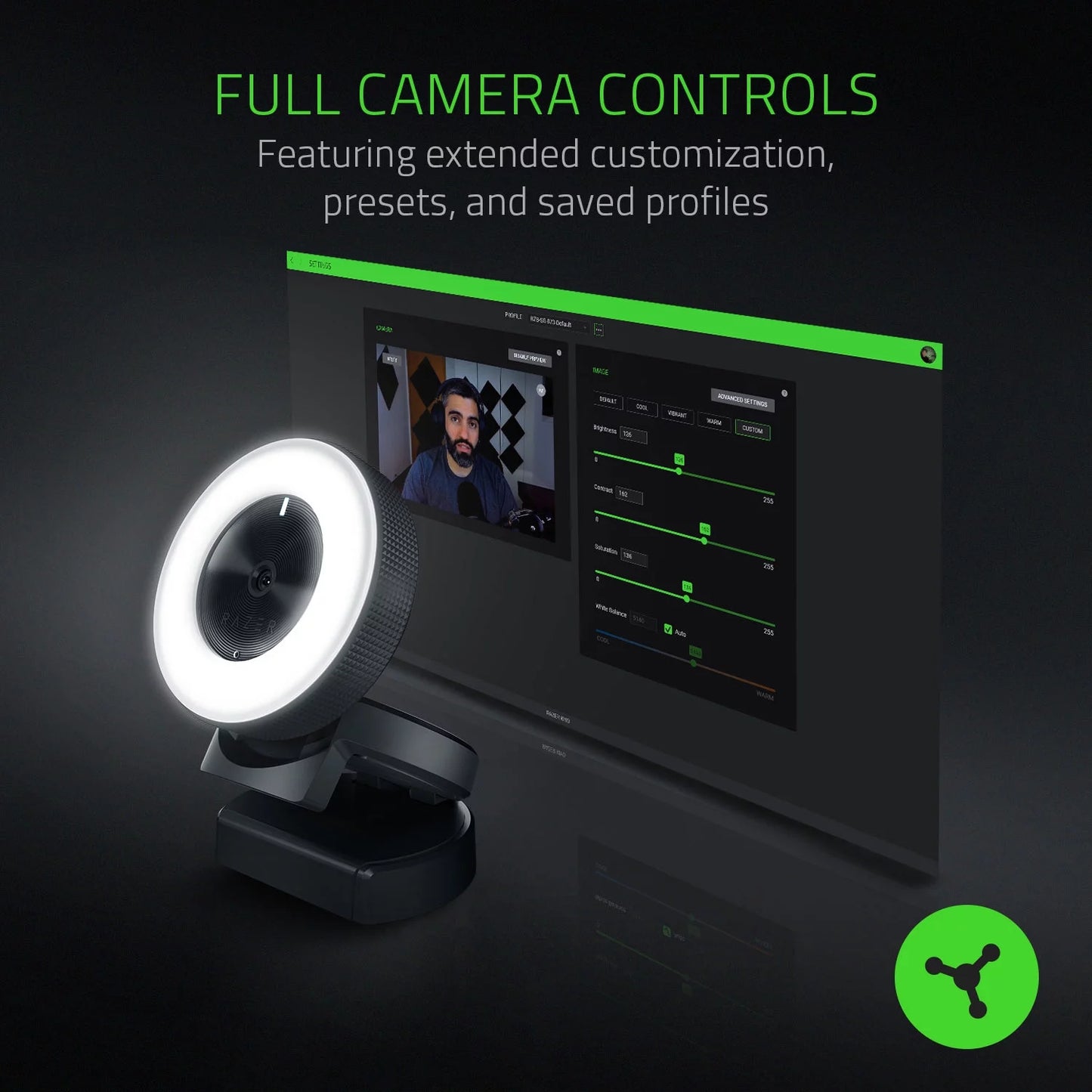 Kiyo Streaming Webcam, Full HD, Auto Focus, Ring Light with Adjustable Brightness, Black