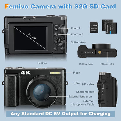 Vlogging Camera 4K Digital Camera for Photography Autofocus 16X Digital Zoom 48MP Video Cameras for Youtube with 32GB Card