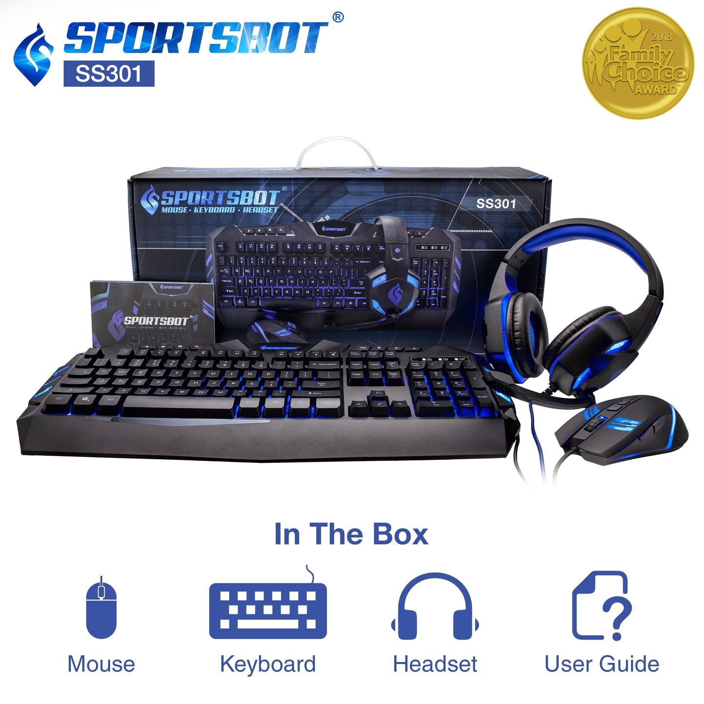 SS301 Blue LED Gaming Over-Ear Headset, Keyboard & Mouse Combo Set