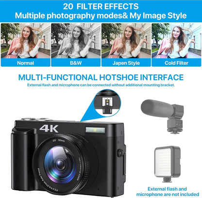 Vlogging Camera 4K Digital Camera for Photography Autofocus 16X Digital Zoom 48MP Video Cameras for Youtube with 32GB Card